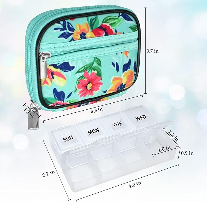 Serfeymi Weekly Travel Pill Organizer Pill Case for Purse with Removable 7 Day Pill Box, Fashionable Travel Medicine Organizer Pill Container for Medicine, Vitamin, Supplement - Bloom 01 + Green 01