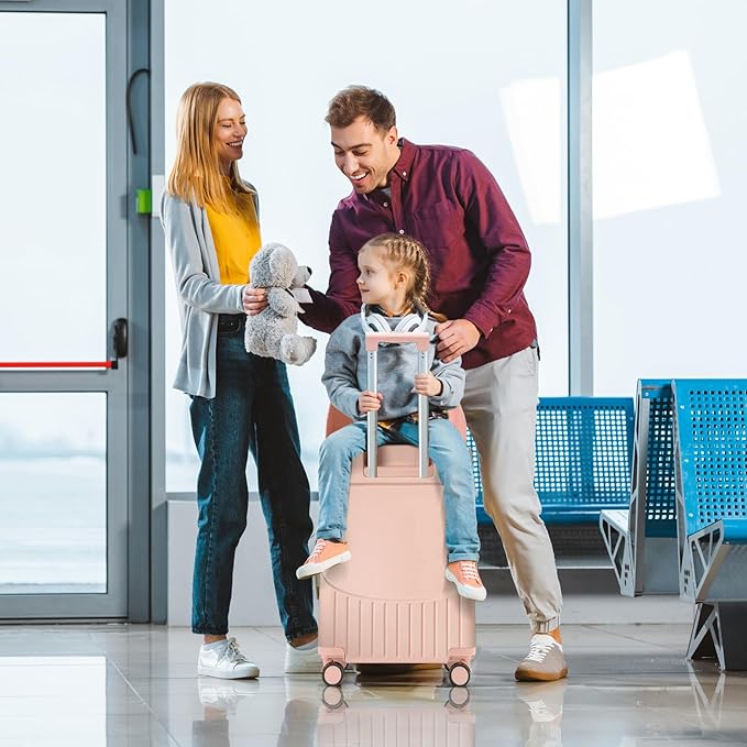 20-Inch Ride-On Suitcase for Kids & Adults – TSA-Approved Underseat Carry-On Luggage with 360° Wheels, Built-In Seat & Safety Belt – Lightweight Durable Spinner Suitcase for Airplane Travel Fits Ages