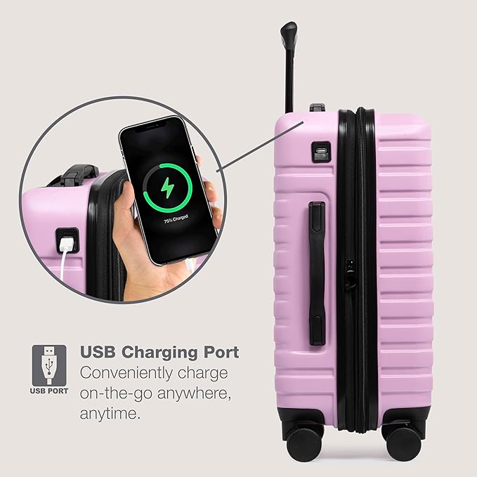 U.S. Traveler Boren Polycarbonate Hardside Rugged Travel Suitcase Luggage with 8 Spinner Wheels, Aluminum Handle, Lavender, Carry-on 22-Inch, USB Port