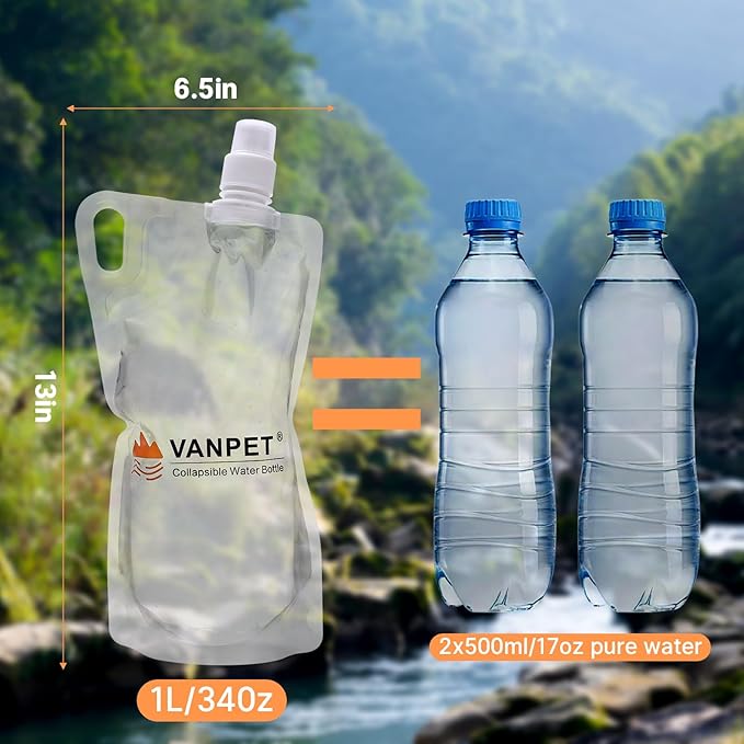 1L Hiking Collapsible Water Bottles, 33OZ BPA-Free Plastic Flasks, Reusable Drink Bags, Foldable Backpacking Water Bottle for Travel Camping Hiking (4-Pack)