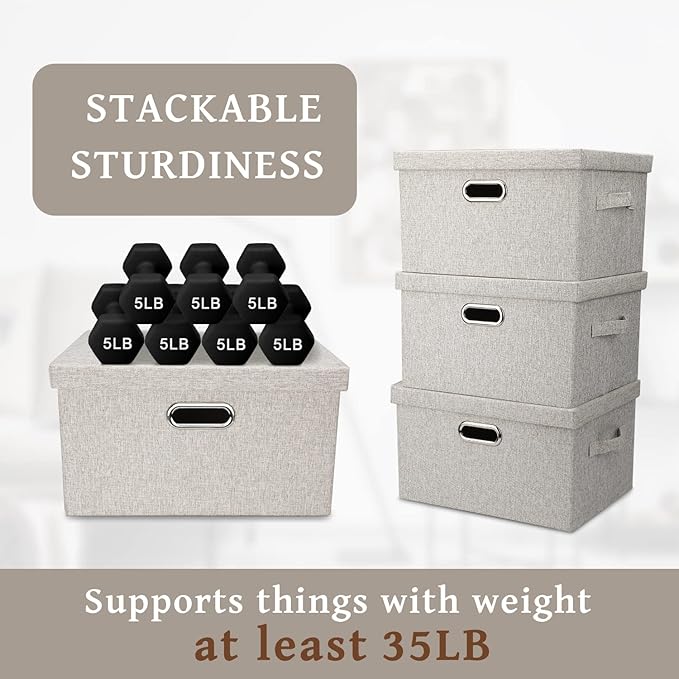 Medium 15" 21 Quart Collapsible Stackable Storage Bins with Lids, 3 Packs Beige Foldable Fabric Closet Boxes Heavy-duty Linen Cube Baskets Container for Bedroom Office (15 x 11 x 8)