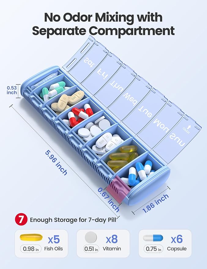 Vaydeer Metal Travel Pill Organizer, 7 Day Weekly Pill Box, Large Capacity Daily Cute Pill Case for Supplements, Pills, Vitamins and Medication (Small,Blue)