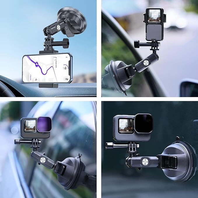 TELESIN Suction Cup Car Mount with Phone Holder, Windshield Window Dashboard Boats Vehicle Attach for DJI Action 5 Pro Action 4 3 GoPro Max Mini Hero 13 12 11 10 9 8 Insta360 X5 X4 X3 Ace Pro Pocket 3