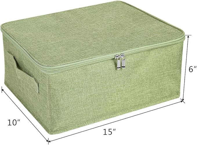 ANMINY 2PCS Storage Bins with Zipper Lids 13 Qt Lidded Fabric Storage Boxes Baskets Cubes with Handles Collapsible Washable Cotton Linen Closet Shelf Clothes Organizer Containers - Green, Small