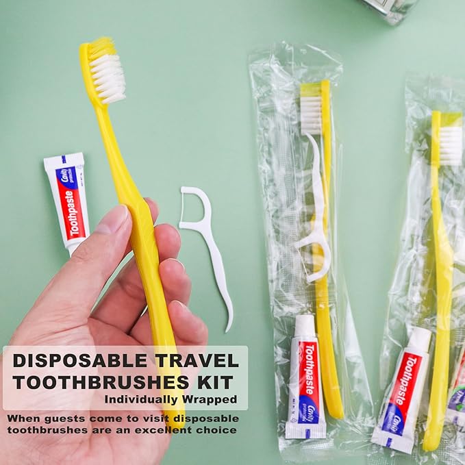 15pcs Disposable Toothbrushes with Toothpaste and Floss,Yellow Bulk Single Use Toothbrush Floss Pick Individually Wrapped Disposable Travel Toothbrushes Kit for Homeless,Airbnb,Hotel,Guest
