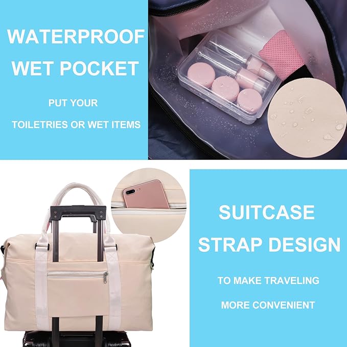 Travel Duffle Bag, Waterproof Sport Tote Gym Bag for Women Men, Overnight Weekender Carry On Bag with Wet Pocket
