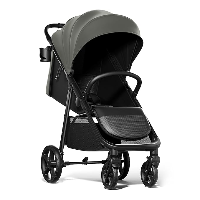 Mompush Nova Baby Stroller for Toddler, Infant & Newborn | Spacious Seat & Lie-Flat Mode | Compact One-Hand Fold, UPF 50+ Canopy & All-Wheel Suspension | Includes Rain Cover & Cup Holder, Green