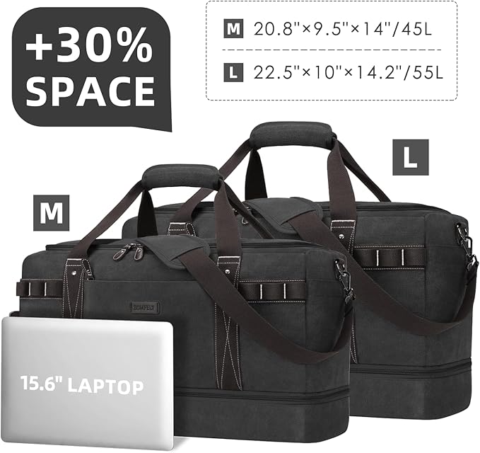 ZOMFELT Travel Duffle Bag for Men, Waterproof Canvas Overnight Duffel Bag with Removable Dividers & Shoe Compartment, Carry On Weekender Gym bag, Multi-Pocket & Vintage Design (Washed Black)
