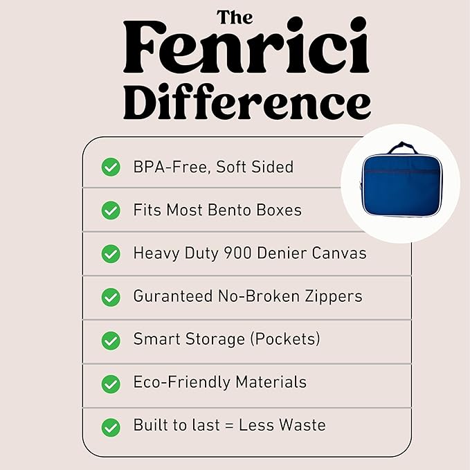 Fenrici Blue Lunch Box for Boys, Girls, Kids Insulated Lunch Bag for School, Soft Sided Compartments, Spacious, BPA Free, Food Safe,10.8in x 8.5in x 2.8in, Navy Blue
