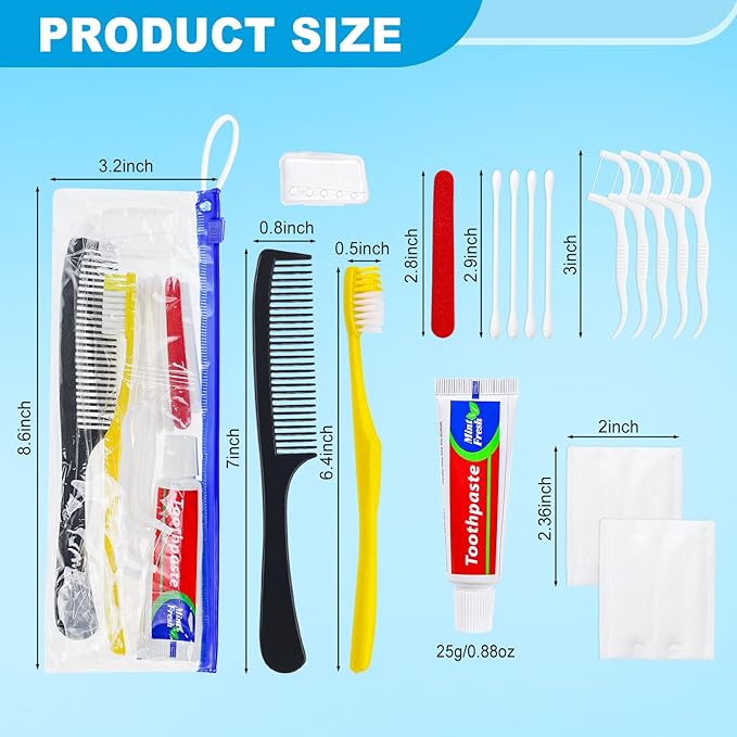 Personal Hygiene Kit Bulk Pack of 30,Yellow Disposable Toothbrushes with Toothpaste Floss Comb Cover and Hotel Vanity Set Basic Travel Toiletry Kit Supplies for Homeless,Charity,Guests