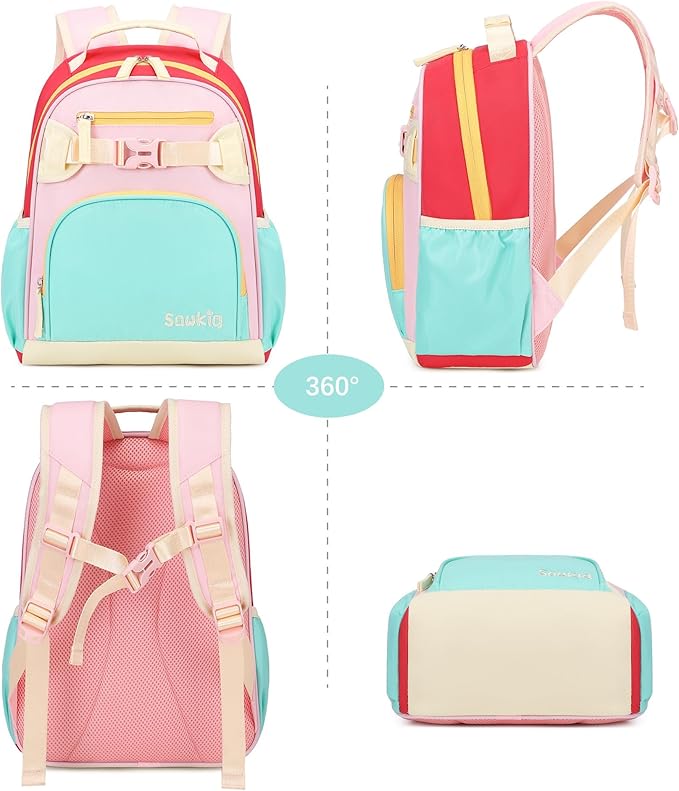 Lightweight Cute Kids Backpack for School Kindergarten Elementary Backpacks for Gilrs ages 6-8-10 (Aqua Pink Red)