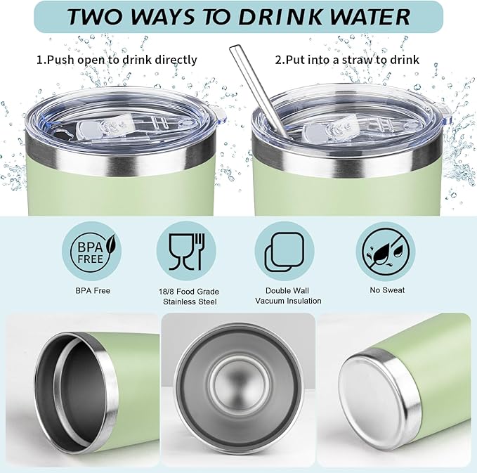 20oz Tumbler with Straw and Brush, Stainless Steel Vacuum Insulated tumbler, Double Wall Insulated Coffee Tumbler for Outdoor, Home, Travel,Office (20 cup-Matcha Green,4pcs)