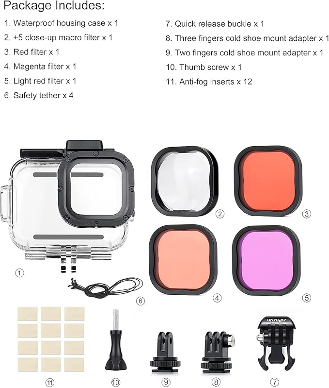 SOONSUN Waterproof Case with Dive Filters for GoPro Hero 13/12 / 11/10 / 9 Black, 196 Feet Underwater Protective Dive Housing Case with Red, Light Red, Magenta, 5X Close-up Macro Filters