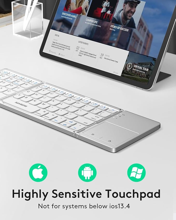 Samsers Foldable Bluetooth Keyboard with Touchpad - Portable Wireless Keyboard with Holder, Rechargeable Full Size Ultra Slim Pocket Folding Keyboards for Android Windows iOS Tablet & Laptop - Silver