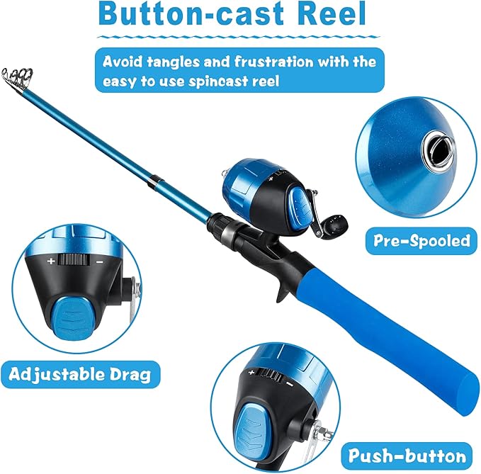 PLUSINNO Kids Fishing Pole with Spincast Reel Telescopic Fishing Rod Combo Full Kits for Boys, Girls, and Adults