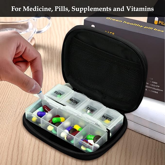 Serfeymi Weekly Travel Pill Organizer Pill Case for Purse with Removable 7 Day Pill Box, Fashionable Travel Medicine Organizer Pill Container for Medicine, Vitamin, Supplement - Brown 02 + Pill Box