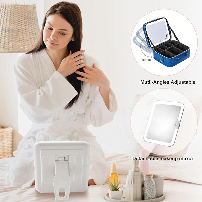 Mocado Travel Makeup Bag with LED Lighted Mirror,Travel Makeup Organizer,Makeup Case with 3 Color Lighted Setting and 10x Magnifying Mirror,Portable Storage and Adjustable Dividers Makeup Box(Blue)