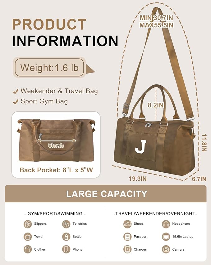 Birthday Graduation Gifts for Daughter,Initial Travel Duffel Bag Sports Gym Bag for Girls Teen Kids Birthday Gifts,Personalized Weekender Bag Carry On Tote Bags Cute Overnight Bag for Women(Brown, J)