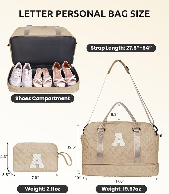 Stuff for Girls 17-18, Gifts for Women-Initial Travel Bag with Shoe Compartment, Personalized Weekender Bag, Monogram Overnight Bag for Women, Letter Travel Bag with Makeup Bag (Letter W)