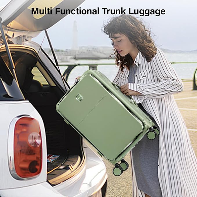 Hanke 20 Inch Carry On Luggage with Cup Holder and Charge,Top Opening Hard Shell Suitcases with Wheels and Dividers,Aluminum Frame Trunk Luggage Small Suitcase with Lock for Travel,Bamboo Green
