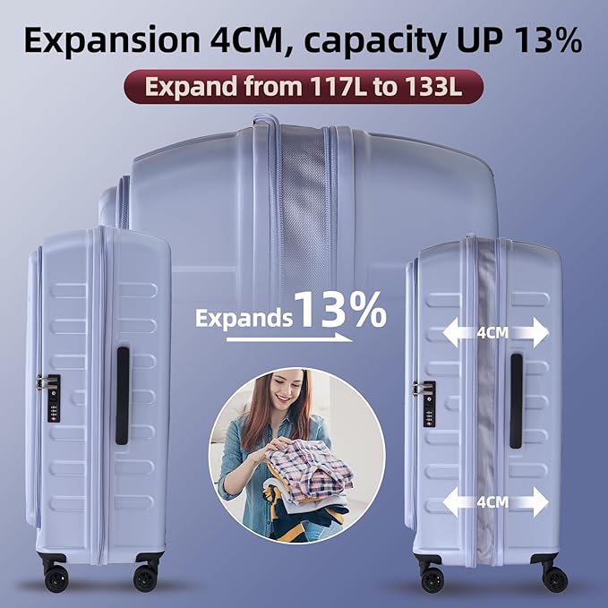 2 Pieces 19/29 Luggage Sets, 19 Inch Carry On Luggage with Front Pocket & 29 Inch Side Opening Suitcase, Ligthweight ABS+PC Hardshell, Lilac Purple