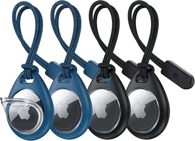 UNBREAKcable Holder for Apple AirTag with Strap- 4 Pack [Fit Tightly Design] [Easy to Install] [Hold Air Tag Securely] Waterproof TPU Shell Protective Case with Nylon Keychain Strap(Black&Blue)