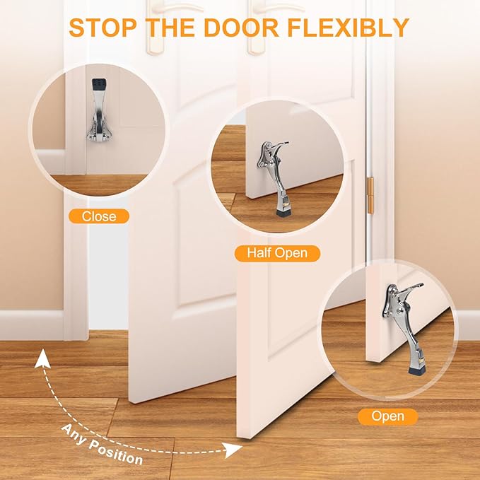 4 Packs Heavy Duty Kickdown Door Stopper, One Touch Adjustable Kickdown Door Stop for Heavy Doors, 4 in Metal Door Kickstand with Rubber Tip & Wall Protectors for Wide Doors