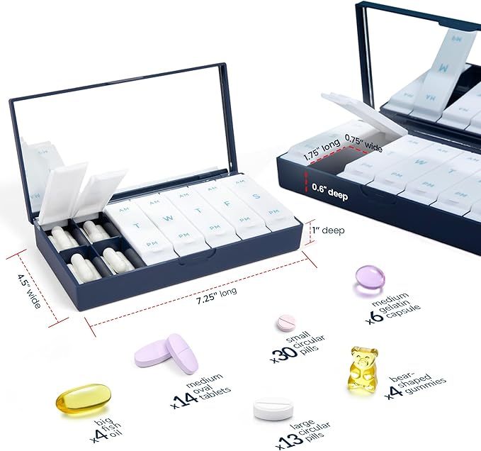 PORT X POLISH Designer Weekly Pill Box Organizer (AM/PM 2X Daily, Crisp White) | Compact, Stylish 7-Day Vitamin Supplement Case | Cute Portable Mini Travel Medicine Carrier | BPA-Free Pillbox Caddy