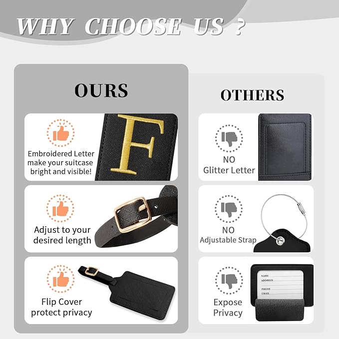 Personalized Initial Luggage Tags for Suitcase TSA Approved, Black Leather Cute Luggage Tag with Privacy Cover Name Card, Embroidered Custom Luggage Tags Travel Backpack Tags Gifts for Women Kids(F)