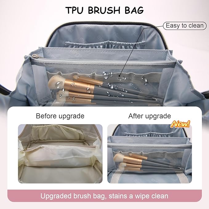 Travel Makeup Bag for Women: Large Capacity Open Flat Make up Bag Set of 3 - Vegan Leather Cosmetic Bag with Compartments - Waterproof Toiletry Bag with Handle & Divider(Pink)