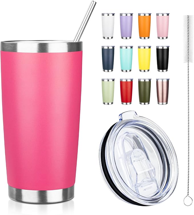 20oz Tumbler with Straw and Brush, Stainless Steel Vacuum Insulated tumbler, Double Wall Insulated Coffee Tumbler for Outdoor, Home, Travel,Office (Peach,1pcs)