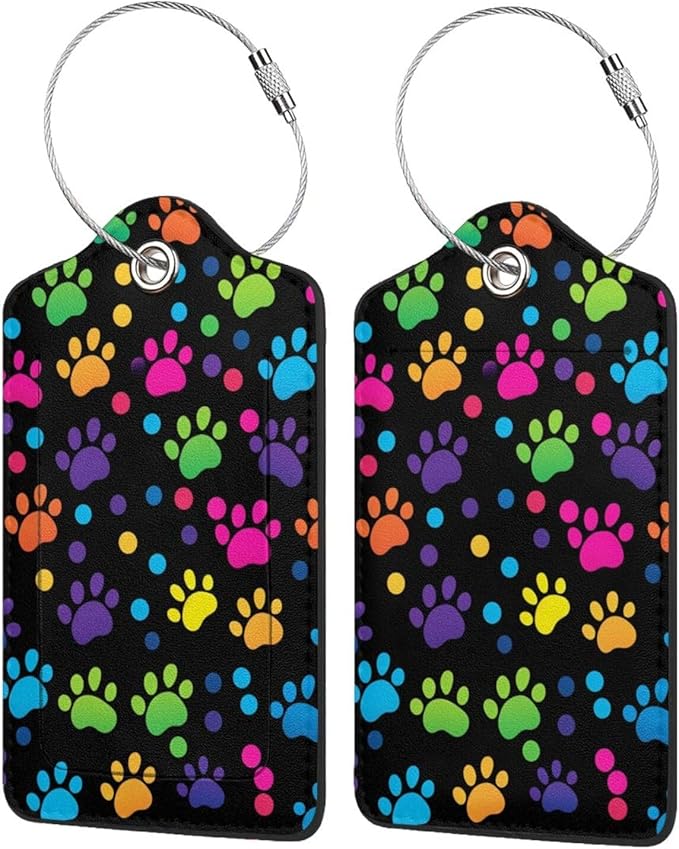 Cute Dog Paws Leather Luggage Tag with Stainless Steel Ring, Fun Name Id Card Cover Travel Bag Tag Set, Suitable for Travel Bag Luggage Women Men 2 PCS