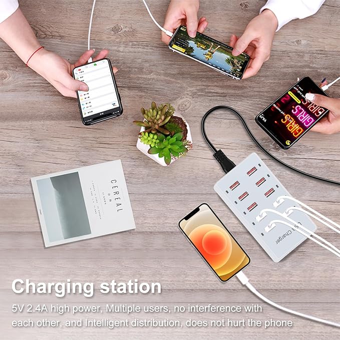 USB Charger 10-Ports Charging Station for Multiple Devices USB Wall Charger Power Hub Strip Smart Plug Charging Dock Block Compatible for iPhone Xs/XR,iPad,iPod,Smart Phones