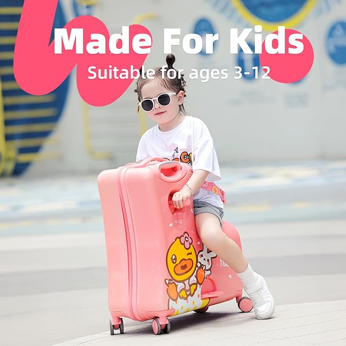 Kids' Lightweight Ride on Luggage with Spinner Wheels & Foldabe Design (Pink Rabbit, 20"+ Aged 1-3 Toddler),Children Holiday Birthday Gift