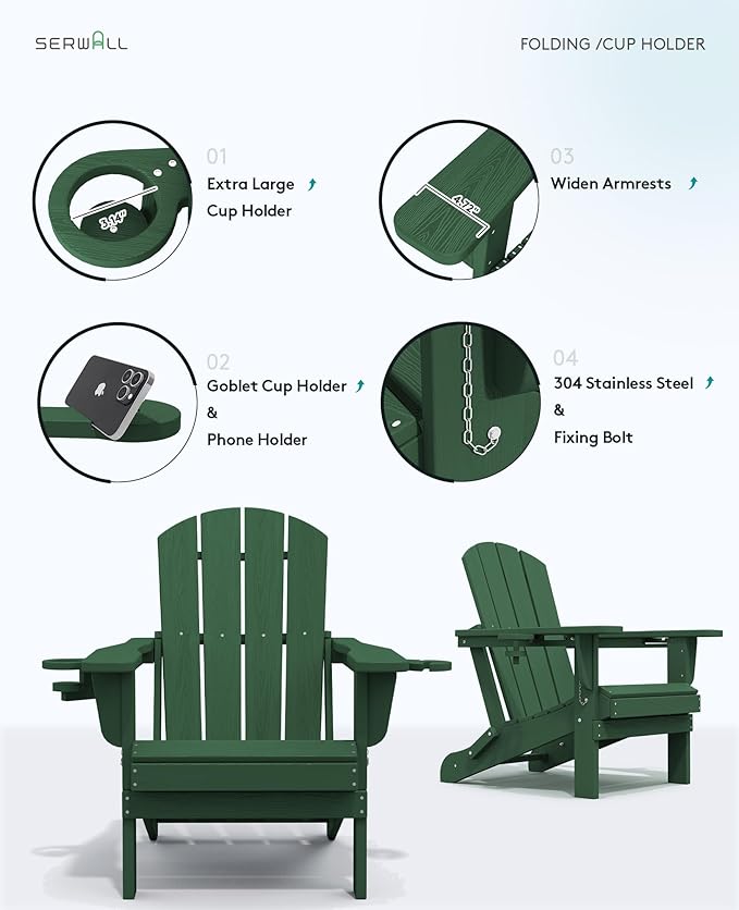 SERWALL Adirondack Chair with Cup Holders - Composite Adirondack Chairs Set of 4 HDPE Outdoor Chairs All Weather Use- Green