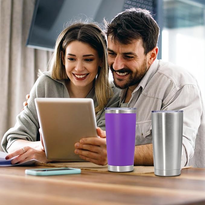 20 oz Tumbler with lid Double Wall Vacuum Insulated Tumblers Stainless Steel Coffee Mug Travel Coffee Tumbler Powder Coated Tumbler Cup Keep Hot&Cold - (Stainless 6 Pack)
