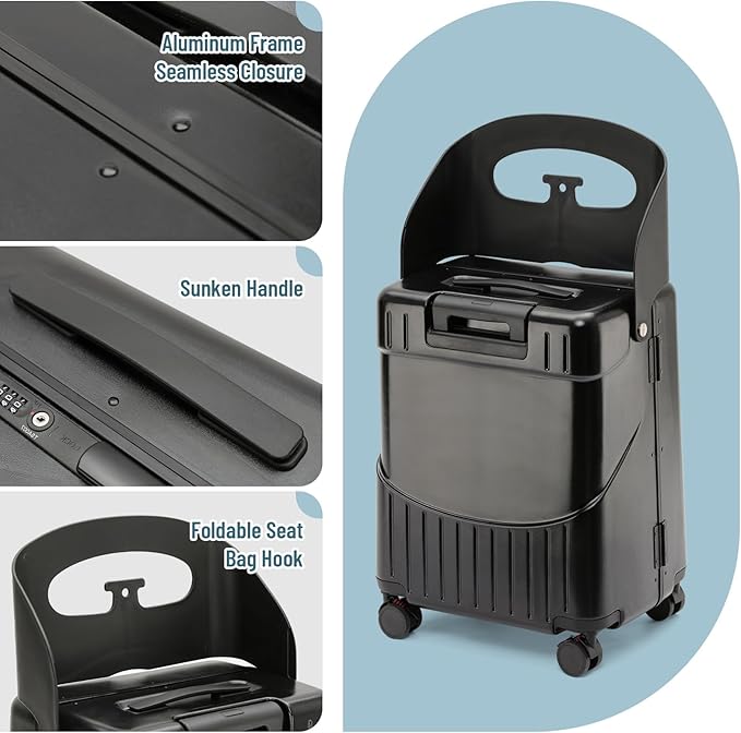 20-Inch Ride-On Suitcase for Kids & Adults – TSA-Approved Underseat Carry-On Luggage with 360° Wheels, Built-In Seat & Safety Belt – Lightweight Durable Spinner Suitcase for Airplane Travel Fits Ages