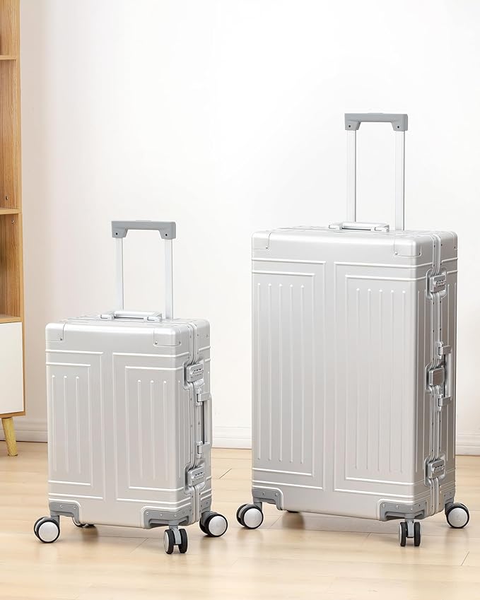 All Aluminum Magnesium Carry On Luggage，Cut from Whole Aluminum Sheet，22x14x9 Airline Approved ，（3rd Generation，Premium Magnesium Metal zipperless suitcase ） (silvery, 20+28inch)