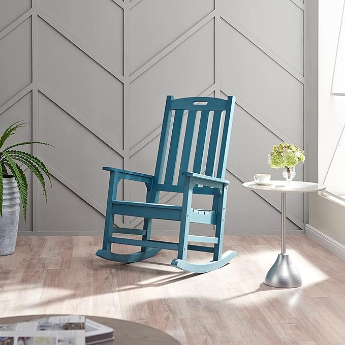 Psilvam Oversized Outdoor Rocking Chair, with 21" Wide Seat and 32" Tall Backrest, Pre-Assembled with Most Components for Effortless Installation (Blue)