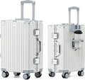HotWay 26 Inch Aluminum Frame Luggage with Spinner Wheels, PC Hard Shell Suitcase with Cup Holder, Zipperless Luggage for Business Travel, White