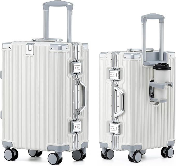 HotWay 20 Inch Aluminum Frame Carry On Luggage with Spinner Wheels, PC Hard Shell Suitcase with Cup Holder, Zipperless Luggage for Business Travel, White