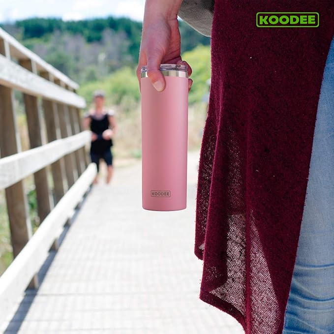 koodee 20 oz Stainless Steel Skinny Tumblers (2 Pack) Double Wall Insulated Water Tumbler Cup with Lid and Straw, Slim Travel Tumbler for Women/Men Diy Birthday Gift （Baby Blue-Pink）