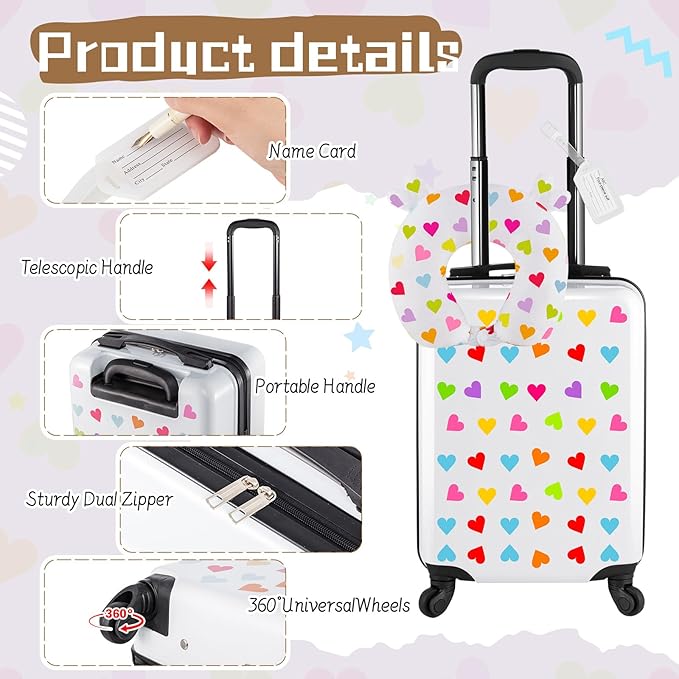 Sanwuta 4 Pcs Kids Luggage Set Kids Backpack Travel Rolling Suitcase with Wheels U-shape Pillow Childrens Gift for Girls Boys(17 Inch,Heart Style,White)