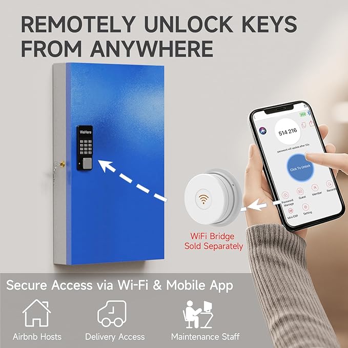 WeHere 96 Key Lock Box(Plus) Wall Mount, APP Bluetooth/One Time Password/Wi-Fi Remote/Fixed Code/Key Unlock, Smart Key Cabinet, Key Organizer box for Car Dealert, Hotel, Office, Real Estate Key Manage