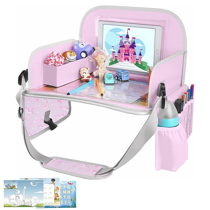 MENZOKE Kids Travel Tray, Car Seat Tray for Long Road Trips & Airplane Rides, with Cooler Cup Holder, Educational Dry Erase Board & Tablet Holder, Cute Unicorn Print, Light Purple