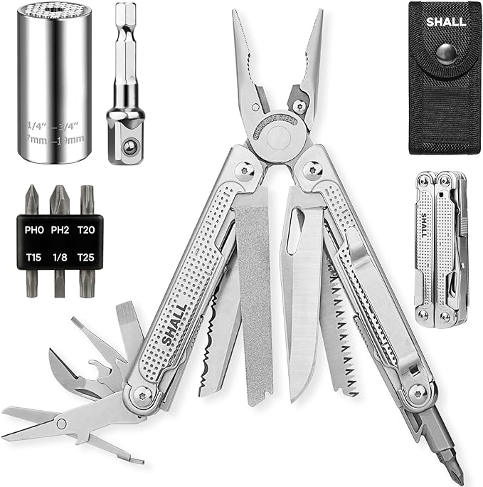 SHALL Multi Tool, 18-in-1 Multitool Pliers, Stainless Steel Multi-tool Pocket Knife w/Screwdriver Bit & Universal Socket, Self-locking Multipurpose Tool w/Sheath for Camping Fishing Survival Hunting