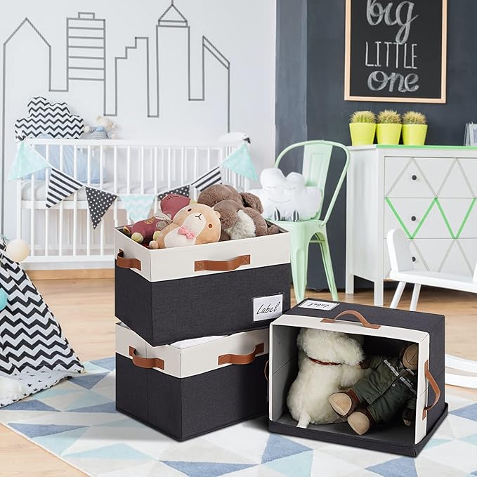 Large Storage Bins with Lids, Foldable Fabric Storage Baskets with Lids, Sturdy Storage Boxes with Labels and 3 PU Handles for Closet Home Bedroom Office (3 Packs, Black&White)
