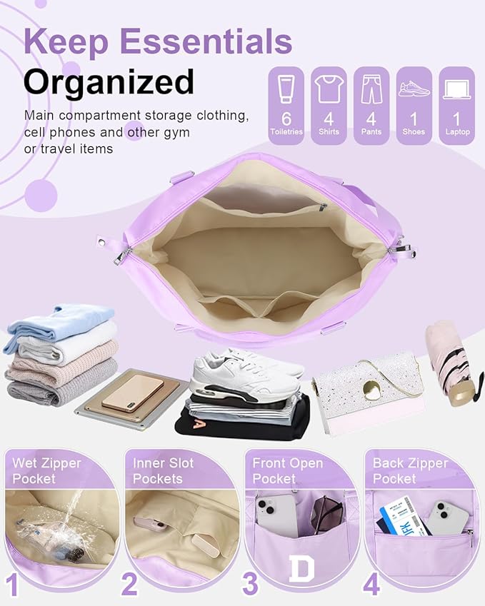 Daughter Niece Gifts for Teen Girl Kids, Initial Travel Duffel Bag Sports Gym Bag Personalized Gifts Weekender Bag，Monogram Overnight Bag Cute Dance Bag Birthday Bridesmaid Gifts for Women(Purple, D)