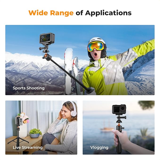 K&F Concept Selfie Stick Tripod, 60cm/23.6" Extendable Ball Head Vlog Selfie Stick Handle for GoPro Hero 13/12/11/10/9/8/7/Max DJI Osmo 360 Pocket 3 Action 5 Pro.