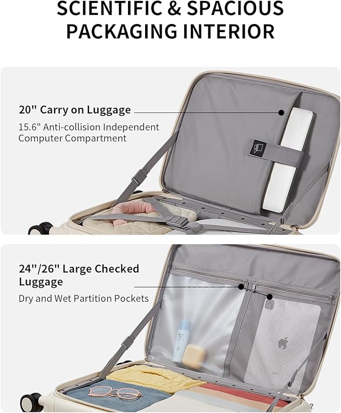 aji Expandable Top Opening 26 Inch Checked Luggage with Spinner Wheels, Large Suitcase with TSA Lock, Hard Shell Travel luggage Suitcases for Men Women, for 20+Days Travel, Coconut White